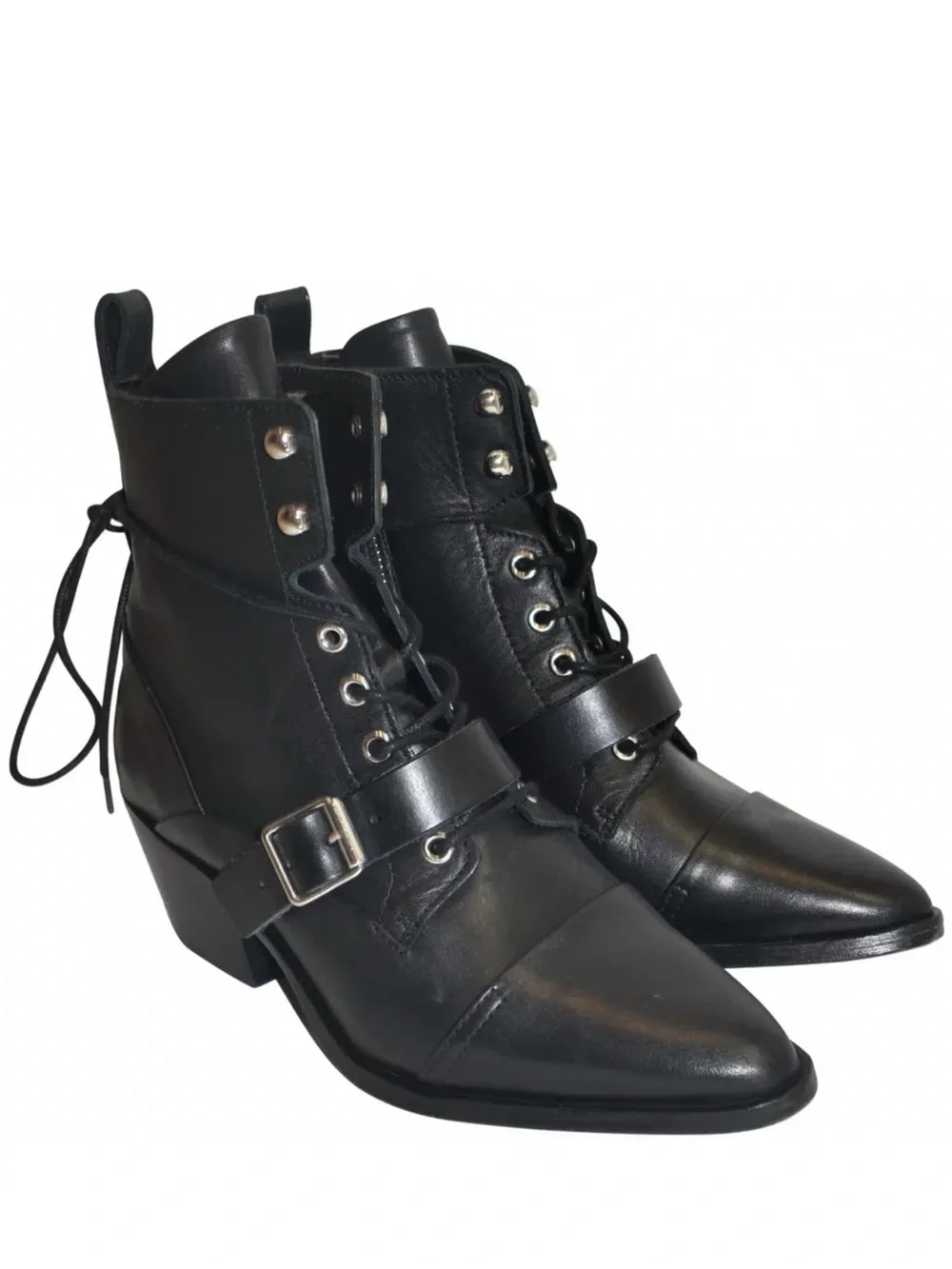 AllSaints Katy Black Leather Lace Up Buckle Strap Ankle Boot Black EU 38 US 7.5